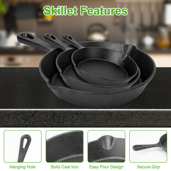 3pcs Pre-Seasoned Cast Iron Skillets, 8 In, 10 In, & 12 In Cast Iron Frying Pans With Handles, Safe Grill Cookware Set With Non-Stick Surface, Cast Iron Pans For Indoor & Outdoor Use