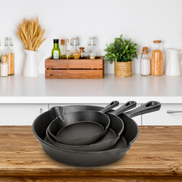 3pcs Pre-Seasoned Cast Iron Skillets, 8 In, 10 In, & 12 In Cast Iron Frying Pans With Handles, Safe Grill Cookware Set With Non-Stick Surface, Cast Iron Pans For Indoor & Outdoor Use